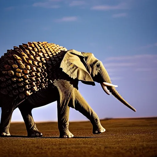 Image similar to a Elephant with the armor of a pangolin, national geographic photograph