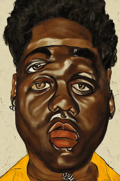 Image similar to a portrait of biggie smalls holding a gun in style of egon schiele, 4 k, trending on artstation