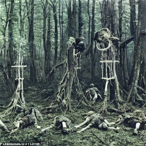 Image similar to wide shot, a squad of dead American Soldiers hung mid-air on trees, deep in the thick forest, painting, colored, eerie, Lovecraftian, eldritch horror, 1967