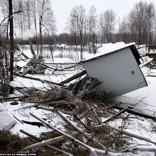 Prompt: on the territory of the Russian village house in Russia there is a large funnel after a missile strike near which a crowd of people gathered and takes pictures of it