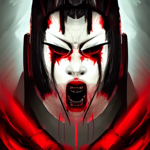 Image similar to a vivid portrait of a predator samurai, trending on artstation, scary, intimidating, dark, unreal engine, studio lighting, black and red color scheme