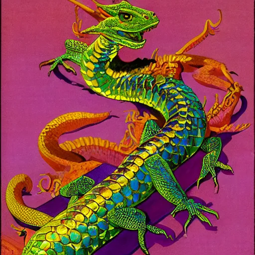 Image similar to beautiful jeweled scaly lizard-headed dragon sitting on top of treasure, by Nicholas Roerich and Warwick Goble, iridescent scales, sinuous dragon body, clawed feet, long spiked tail,dramatic lighting, featured on artstation W 768