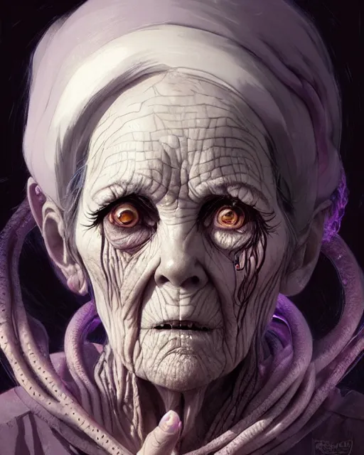 Image similar to a female necromancer old woman | | elderly - face, wrinkled face, realistic shaded perfect face, fine details. anime. tentacles, eldritch abomination, dunwitch horror, realistic shaded lighting poster by greg rutkowski, magali villeneuve, artgerm, jeremy lipkin and michael garmash and rob rey