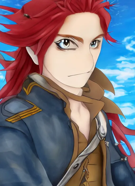 Prompt: An fantasy pokemon anime style portrait of a long haired, red headed male sky-pirate in front of an airship