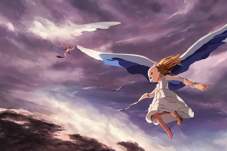 Prompt: A cell animation of girl flying with a bird-shaped white glider over the clowds, Nausicaa of the Valley of the Wind, Miyazaki Hayao, ghibli style, highly detailed, digital painting, concept art, sharp focus, illustration, anime, trending on artstaion