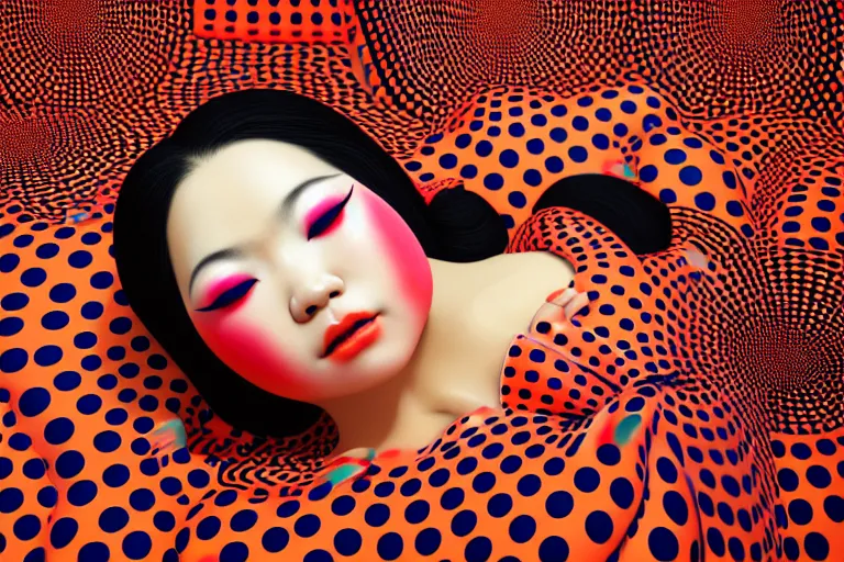 Prompt: realistic detailed image of a geisha laying down in a padded room, conjuring psychedelic background, part by yayoi kusama, part by alex gray, part by ross tran, part by james jean, ultra realistic, highly detailed, life like face, detailed body, 8 k, octane render, trending on artstation, very cohesive, masterpiece