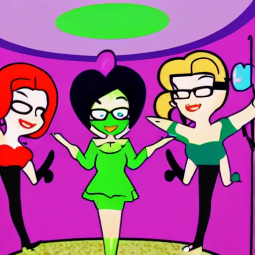 Prompt: photograph of grownup Powerpuff Girls smoking weed in a purple room