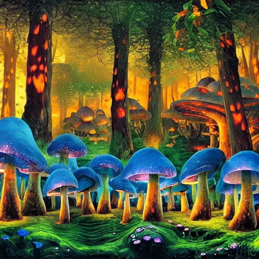 Prompt: mushroom village located deep in a forest, bioluminescent blue mushrooms, mushroom houses, art by james christensen, rob gonsalves, paul lehr, leonid afremov and tim white