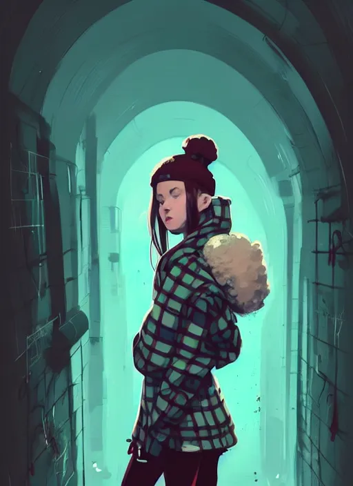 Image similar to highly detailed portrait of a sewer scotish young lady, tartan hoody, white afro hair by atey ghailan, by greg rutkowski, by greg tocchini, by james gilleard, by joe fenton, by kaethe butcher, gradient cyan, brown, blonde cream and white color scheme, grunge aesthetic!!! ( ( graffiti tag wall background ) )