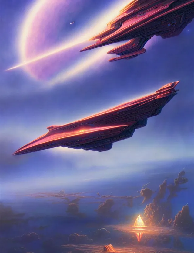 Prompt: a glossy cut gemstone spaceship in the clouds, tim hildebrandt, wayne barlowe, bruce pennington, donato giancola, trending on artstation, cinematic composition, beautiful lighting, hyper detailed, 8 k, oil on canvas