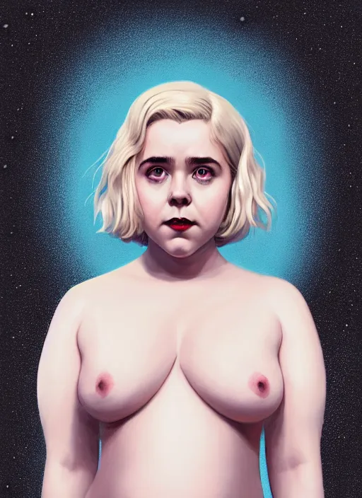 Image similar to full body portrait, kiernan shipka as sabrina spellman, white hair, obese, bangs, sultry, realistic, sultry smirk, fluffy bangs, freckles, fat, belly, intricate, elegant, highly detailed, digital painting, artstation, concept art, smooth, sharp focus, illustration, art by wlop, mars ravelo and greg rutkowski