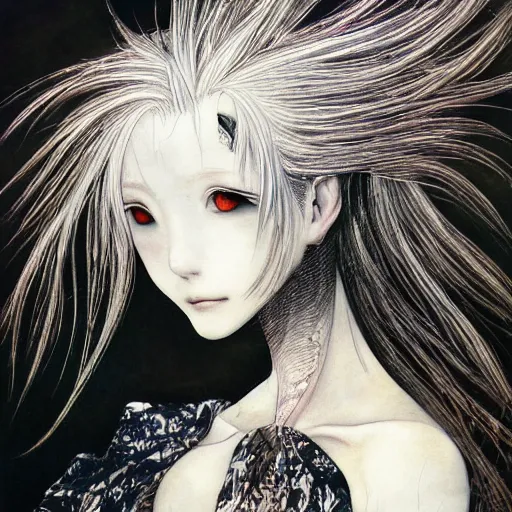 Image similar to Yoshitaka Amano realistic illustration of an anime girl with white hair and cracks on her face wearing dress suit with tie fluttering in the wind, abstract black and white patterns on the background, noisy film grain effect, highly detailed, Renaissance oil painting, weird portrait angle