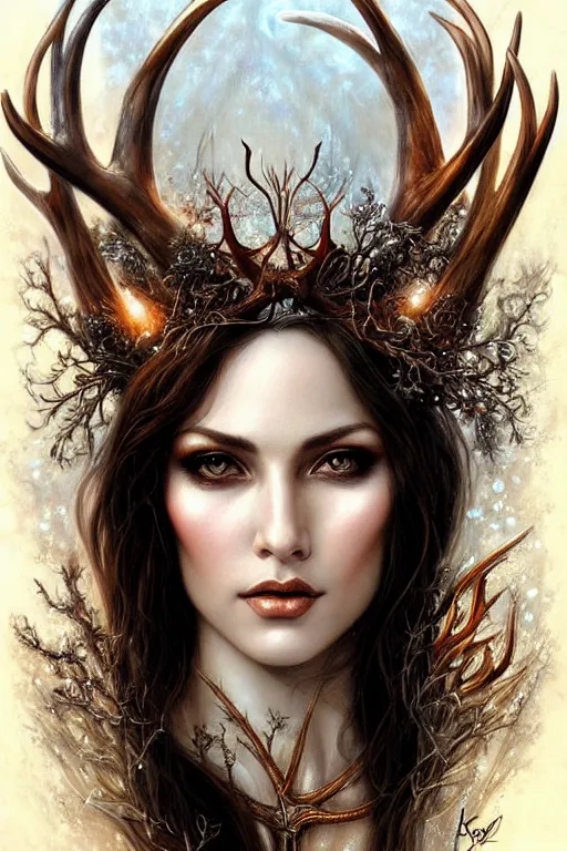 Prompt: a female sorceress with antlers by karol bak and vargas, beautiful detailed eyes, cute, fantasy, intricate, elegant, highly detailed, digital painting, 4 k, hdr, concept art, detailed jewelry, smooth, sharp focus, illustration, art by artgerm