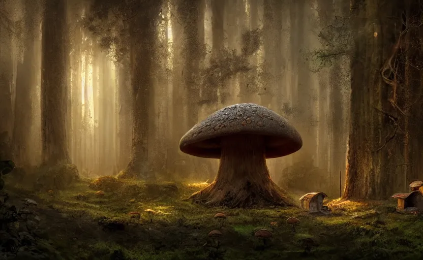 Image similar to A mushroom house in a tall mushroom, warm light coming from the windows, in a dark forest, macro, cool tones, underexposed, overecast, mysterious matte painting by greg rutkowski and marc simonetti and Ivan Shishkin, 4k