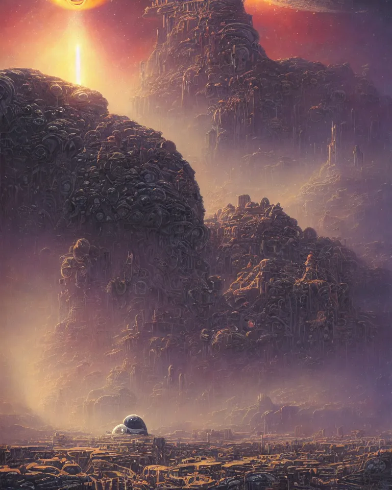 Prompt: cosmic planet in space, a single lonely spaceship, robot city ruins, ancient alien head stone statues, small astronauts, overgrown, retro futurism by tim hildebrandt, wayne barlowe, bruce pennington, donato giancola, larry elmore, oil on canvas, masterpiece, trending on artstation, cinematic composition, beautiful lighting, sharp, details, hd, 8 k