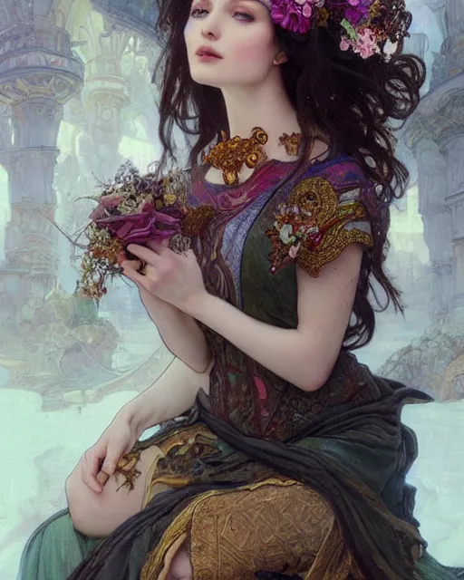 Prompt: a beautiful intricate exquisite imaginative exciting northern classical close up portrait of an enchantress sitting with elegant looks, dark flowing robe, ornate magical intricate and soft by ruan jia, tom bagshaw, alphonse mucha, krenz cushart, beautiful palace ruins in the background, epic sky, vray render, artstation, deviantart, pinterest, 5 0 0 px models