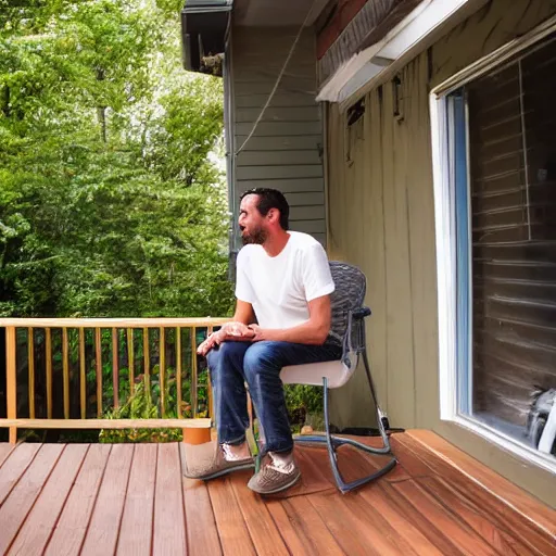 Image similar to a photograph of an ordinary man hanging out on his deck, looking scared to be