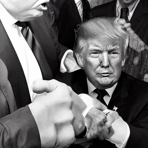 Prompt: News still of Donald Trump being handcuffed and arrested at mar-a-lago