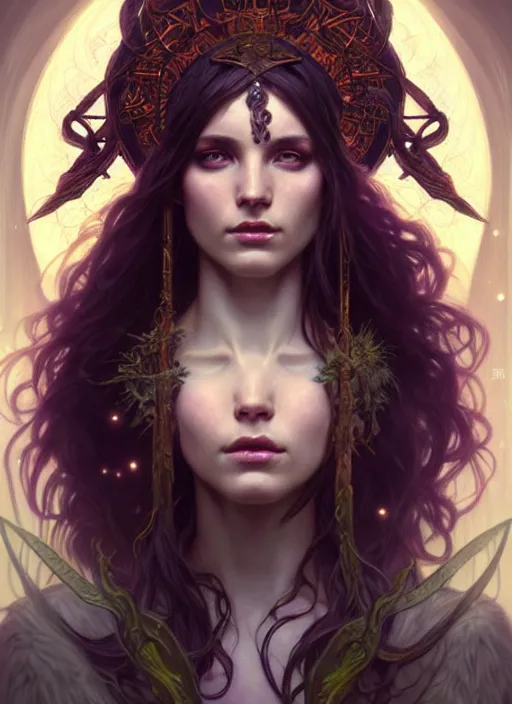 Prompt: a beautiful cinematic female druid goddess, galatic shamen with Quantum energy fantasy, fantasy magic, undercut hairstyle, dark light night, intricate, elegant, sharp focus, illustration, highly detailed, digital painting, concept art, matte, art by WLOP and Artgerm and Greg Rutkowski and Alphonse Mucha, masterpiece