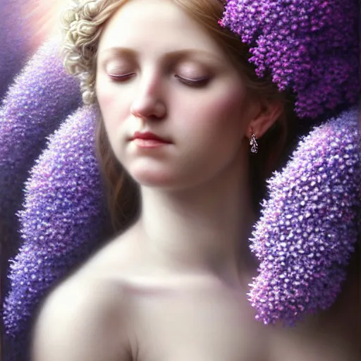 Prompt: portrait of a lilac hair beautiful goddess of light through hydrangeas flowers, soft rose, and dried petals, painterly, methaphoric, intricate and elegant, highly detailed photorealistic painting, decorative lines, sharp focus, 8 k, by tomasz alen kopera, h 6 6 0