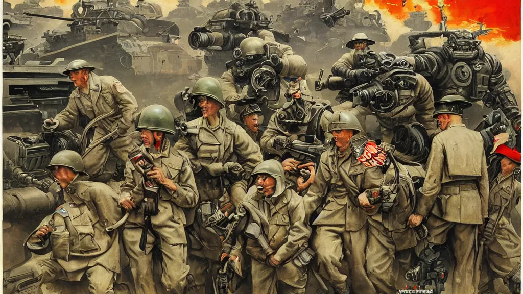 Image similar to American battle mechs of WWII in the style of Norman Rockwell, sci-fi illustrations, propaganda poster, highly detailed, intricate, photorealistic, award-winning, patriotic, american, dark, gritty, oil painting