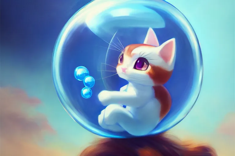 Image similar to cinematic portrait of cute Mew riding large blue bubble, oil on canvas, masterpiece, trending on artstation, featured on pixiv, cinematic composition, dramatic pose, beautiful lighting, sharp, details, hyper-detailed, HD, HDR, 4K, 8K