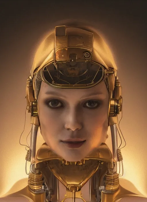 Image similar to Kodak Portra 400, 8K, soft light, volumetric lighting, highly detailed, britt marling style 3/4 ,portrait photo of a beautiful cyborg woman with gold , cyberpunk,sci-fi, fantasy, intricate, elegant, highly detailed, digital painting, artstation, concept art, smooth, sharp focus, illustration, art by artgerm and greg rutkowski and alphonse mucha