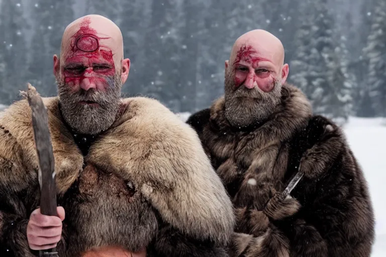 Image similar to vfx movie tough bald man in furs, natural grizzled skin, streaks of red face paint grey beard, holding two detailed viking axes, in snowy tahoe by emmanuel lubezki