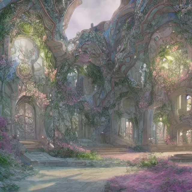 Image similar to the pastel squid palace at the blossom coast beautifully showcases elven architecture. watercolor by the award - winning concept artist