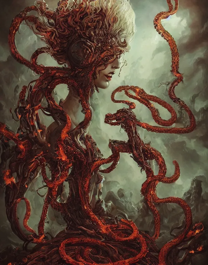 Image similar to a splatterpunk pose of a gorgon woman with flaming snakes for hair staring into a volcano, hyperrealistic, award-winning, in the style of Tom Bagshaw, Cedric Peyravernay, Peter Mohrbacher