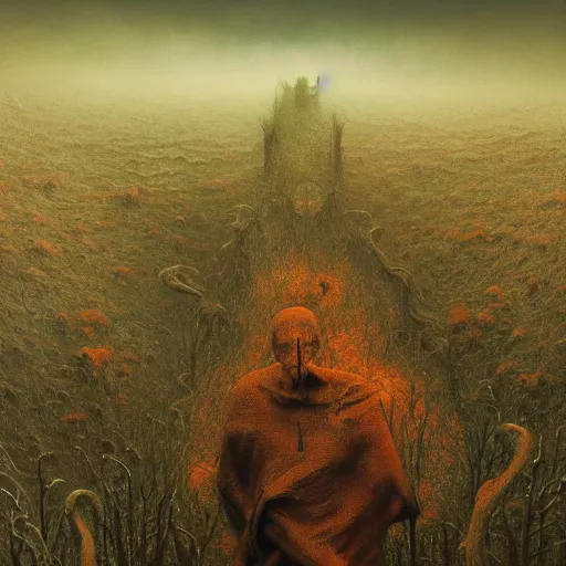 Image similar to nightmare landscape composed of wretched souls longing for eternal life in the style of zdzislaw beksinski, horrific, digital painting, CG render, unreal, fantasy, dramatic, concept art, artstation, smooth, sharp focus