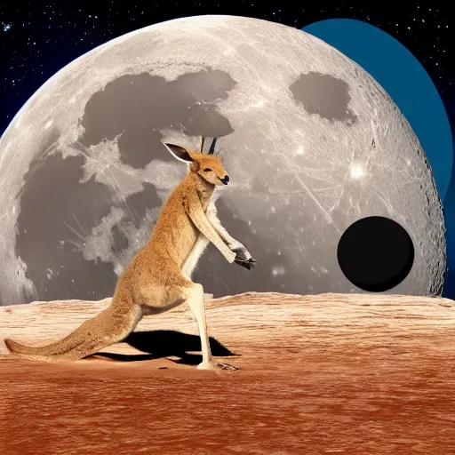 Image similar to A kangaroo is beating up on a moon base with a huge earth in the background