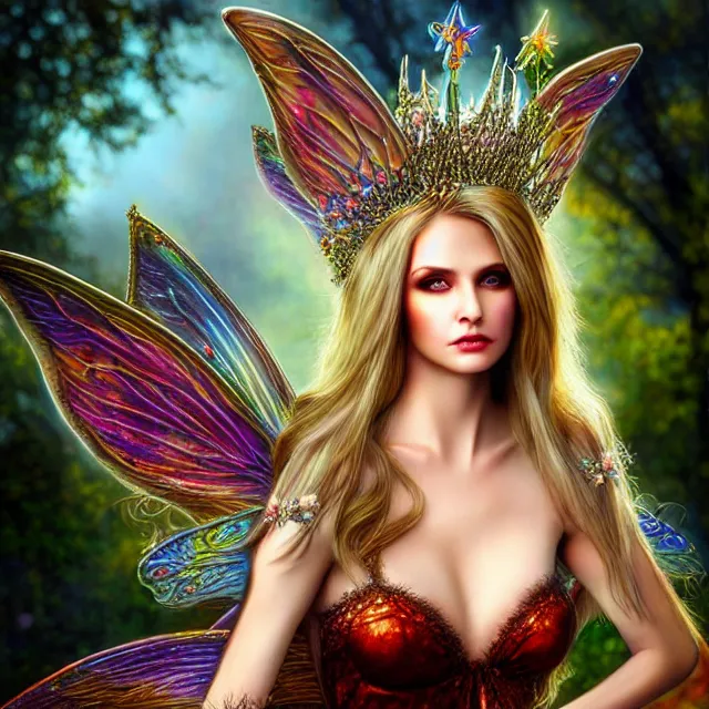 Prompt: beautiful adult fairy queen, highly detailed, 4 k, hdr, smooth, sharp focus, high resolution, award - winning photo, anne stokes, photorealistic, hyper realistic