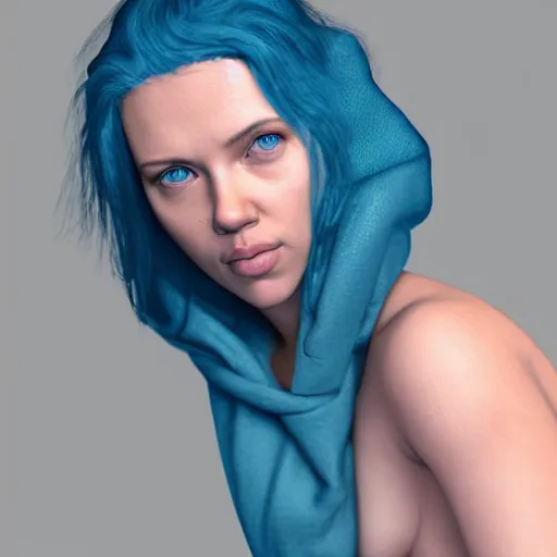 Image similar to scarlett johansson blue hair wrapped in a towel getting out of the shower, 3 d render, hyper - realistic detailed portrait