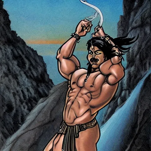 Prompt: lord shiva as a muscular comic book character, smoking at the edge of a cliff, looking at a beautiful sunset