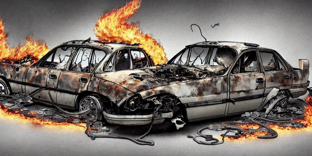 Image similar to a big woman axolotl in burning wrecked mercedes 1 2 4, by kirokaze, ultrafine hyperdetailed illustration by kim jung gi