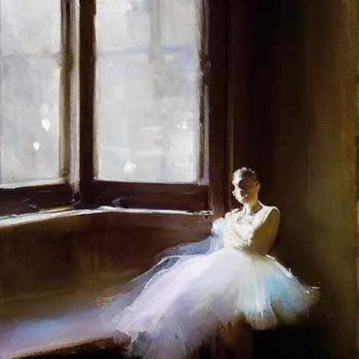 Prompt: the lone ballerina in the soft window light, by jeremy mann, anders zorn.