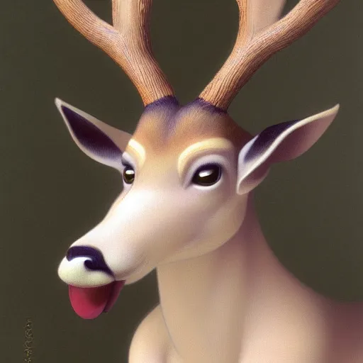 Prompt: a portrait of an anthropomorphic deer, doe, furry fursona, in the style of william adolphe bouguereau, hayao miyazaki and masamune shirow, greg hildebrandt