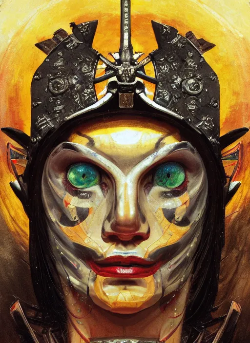 Image similar to symmetry! middle closeup chamber portrait of a biblical diabolical pirate geisha, stylish leather armor, pirate ship, heavy eyes to the side, closeup, bright glowing eyes, in clouds, rain, sunset, by gerald brom, by mikhail vrubel, by peter elson, muted colors, extreme detail, mirrors, trending on artstation, 8 k