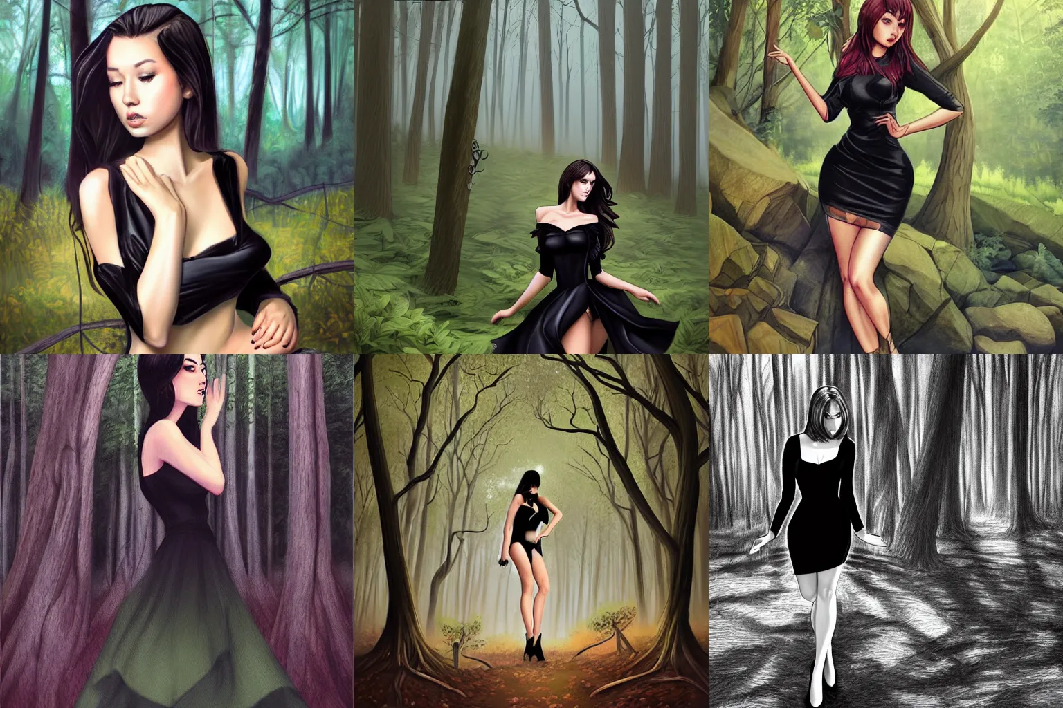 Prompt: woman wearing a black dress in a forest, by artgerm