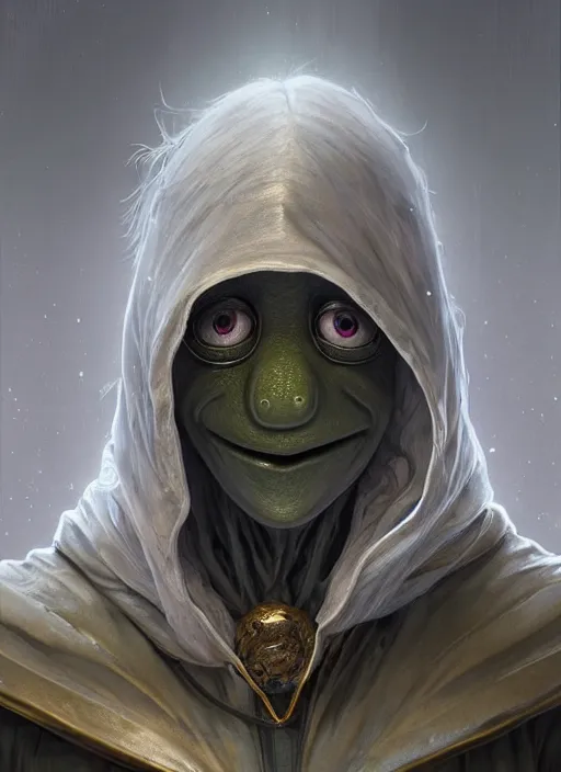 Image similar to Portrait of Kermit the Frog, white glowing eyes, silver hair, cloak, ethereal wings, male, fantasy, extremely detailed, digital painting, artstation, concept art, smooth, sharp focus, illustration, stunning lighting, art by artgerm and greg rutkowski and alphonse mucha and simon stalenhag, realistic character concept, high fantasy, light atmosphere, golden ratio, cinematic lighting, hyperdetailed, high resolution, insanely detailed and intricate, artstation, Marc Simonetti, Greg Rutkowski, 8k