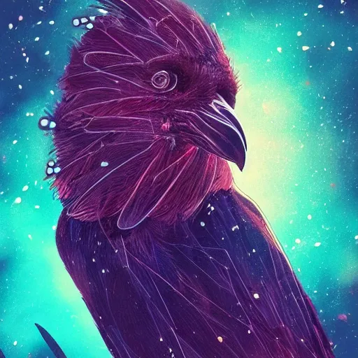 Image similar to portrait from a crow, feathers, bird, avian, wings, synthwave, universe background, nebula, galaxy, artstation