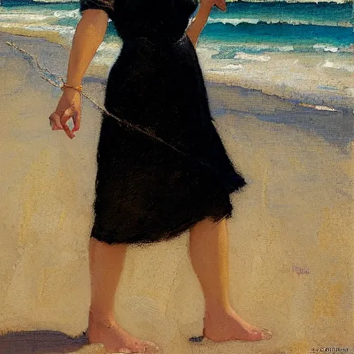 Prompt: woman on the beach, black dress, part leyendecker style, part dean cornwell style