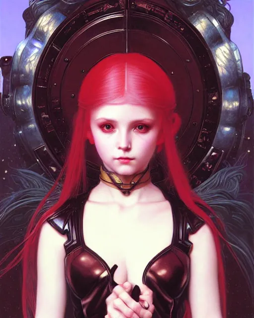 Prompt: portrait of beautiful cute young goth maiden girl with white hair in warhammer armor, red lighting, art by ( ( ( kuvshinov ilya ) ) ) and wayne barlowe and gustav klimt and artgerm and wlop and william - adolphe bouguereau