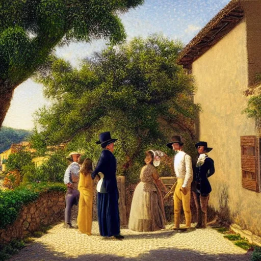 Prompt: a beautiful photorealistic pointillist portrait painting of six young men and three women on the porch of a spanish cottage in the 1 8 th century. posing with walking canes, top hats, and monocles. standing outside under a fig tree, next to a stone mediterranean cottage on a dry mountain. the sky is blue and the sun is shining bright. oil on canvas