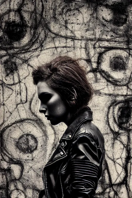 Prompt: dreamy rock girl, black leather jacket, detailed acrylic, grunge, intricate complexity, by dan mumford and by alberto giacometti, peter lindbergh, 8 k, macro photography