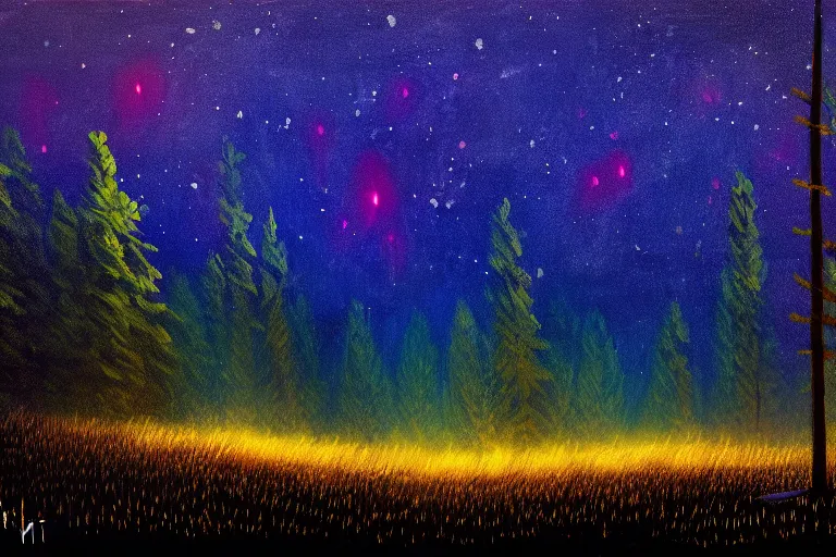 Prompt: artillery lights up the night sky, forest clearing background, at night, oil on canvas, bloom highlights, view from the ground, poster art, darkness, video game art, digital art, fine brushstrokes, hdr, 4 k