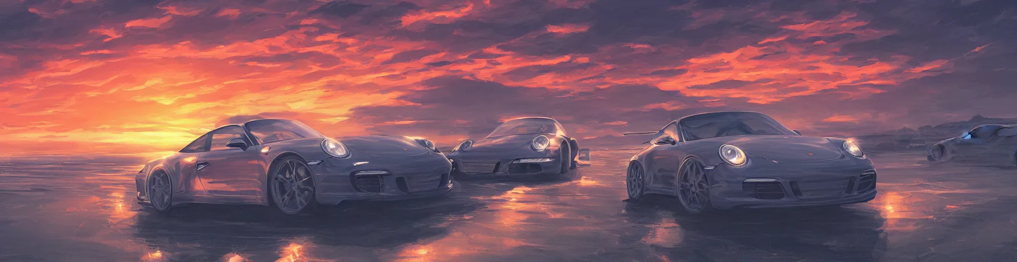 Image similar to beautiful, detailed digital painting of a porsche 9 1 1 looking at the sunset, anime by makoto shinkai, sand, waves, trending on artstation