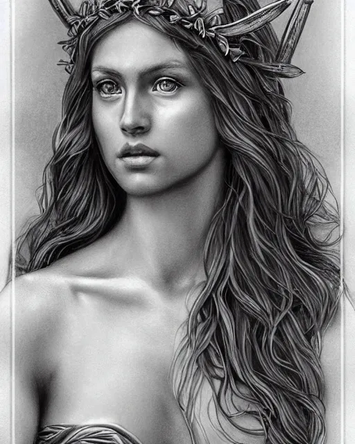 Image similar to pencil drawing of a beautiful greek goddess aphrodite wearing a laurel wreath and arrowhead earrings, beautiful confident eyes, beautiful flowing hair, hyper realistic face, in the style of greg rutkowski, fantasy, amazing detail, epic, elegant, smooth, sharp focus, from the front, long shot