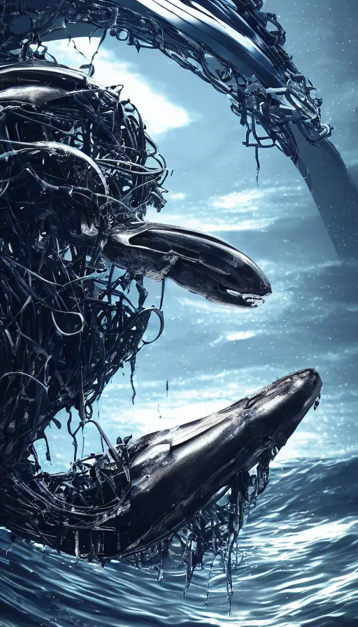 Image similar to a biomechanical orca spirit emerging from the sea, made up of bits of plastic and skin and metal, shiny, wet, made of nanomaterials, metallic, cyberpunk, post apocalyptic, hyper realistic, epic angle, beautiful composition, octane render, unreal engine render, 8k, super detailed, SLICK!!